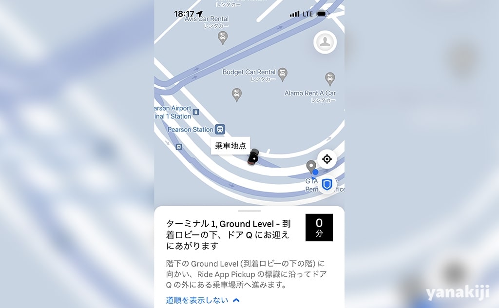 トロント・ピアソン国際空港のUber乗り場を示した地図