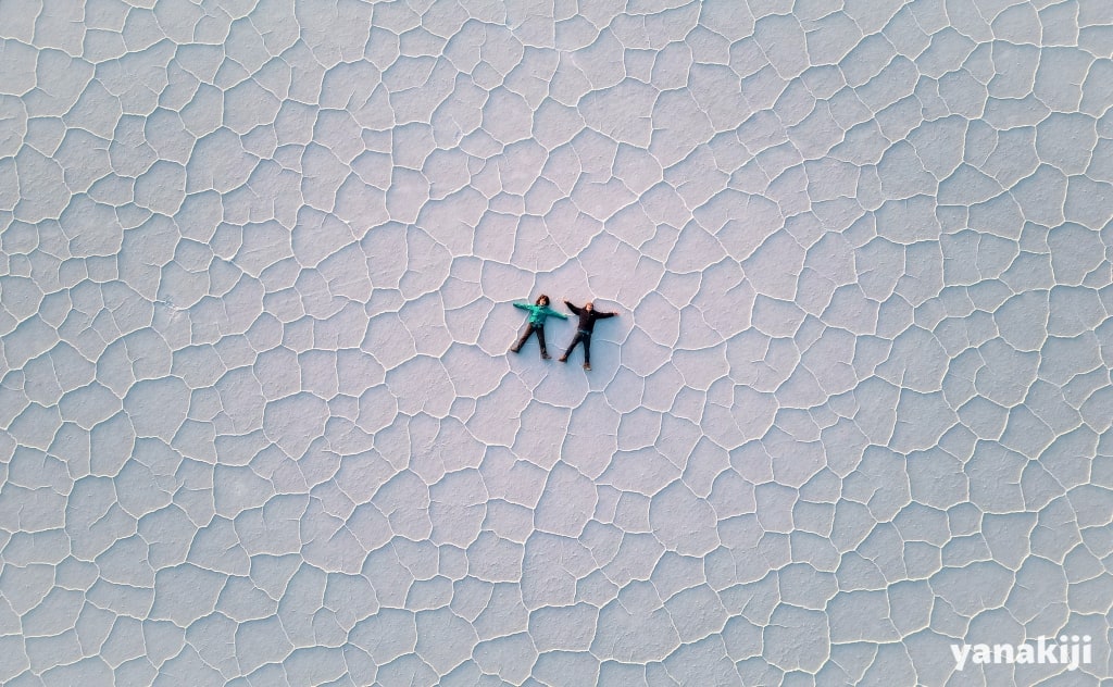 乾季のウユニ塩湖を上空から見た図