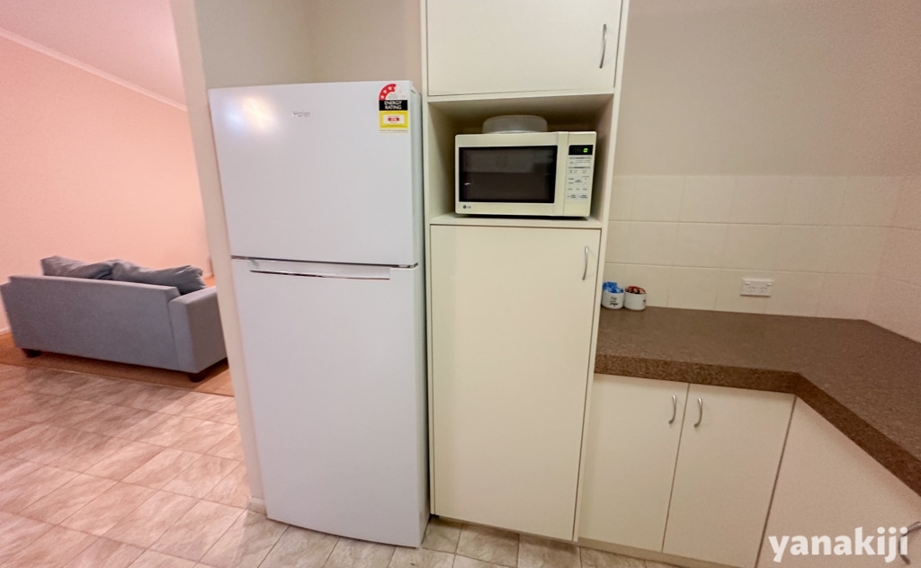 大きな冷蔵庫と電子レンジ