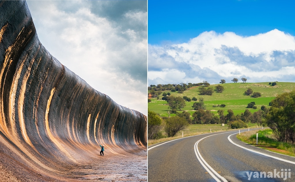 左：ウェーブロック（Wave Rock）　右：西オーストラリア州ならではの、緑豊かな景色