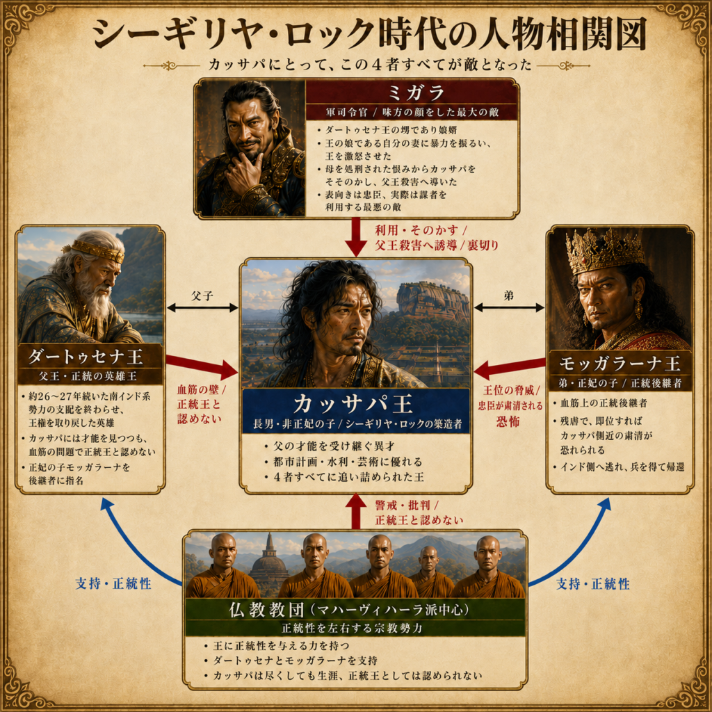 シーギリヤロック時代の人物相関図:カッサパ王、ダートゥセナ王、モッガラーナ王、軍司令官ミガラの人物像から想像した顔。