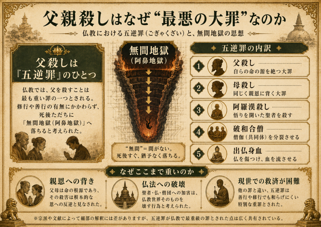 カッサパ1世が犯した「父親殺し」は、仏教においてどれくらい重い罪なのですか?