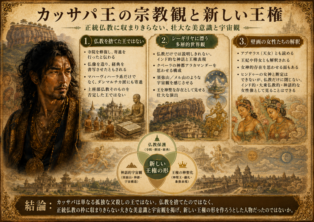 カッサパは、仏教を捨てた王ではなかった。
むしろ彼は、寺院を修復し、寄進し、仏像を作り、経典を書写させたとも伝えられている。
つまり、カッサパは「仏教を否定した王」ではない。
ここが大事である。
当時のスリランカで、王が仏教を守るということは、ただ仏教全般を大切にするという意味ではなかった。
王として正統性を得るには、アヌラーダプラの正統仏教勢力、特にマハーヴィハーラ系の僧団に認められることが重要だった。
マハーヴィハーラは、スリランカの上座部仏教の中心的な僧団であり、王に「正統な王」としての意味を与える側でもあった。
だから、王は彼らを守り、彼らに寄進し、彼らから認められる必要があった。
しかし、カッサパはそこだけに収まる王ではなかった。
彼はマハーヴィハーラ系だけではなく、別系統の僧団にも寄進していたとされる。
たとえば、ダンマルチカ派である。
ダンマルチカ派は、マハーヴィハーラ系の正統派から見れば、距離のある別系統の仏教勢力だった。
つまりカッサパは、仏教を捨てたわけではない。
しかし、マハーヴィハーラ系の正統仏教だけに従順な王でもなかった。