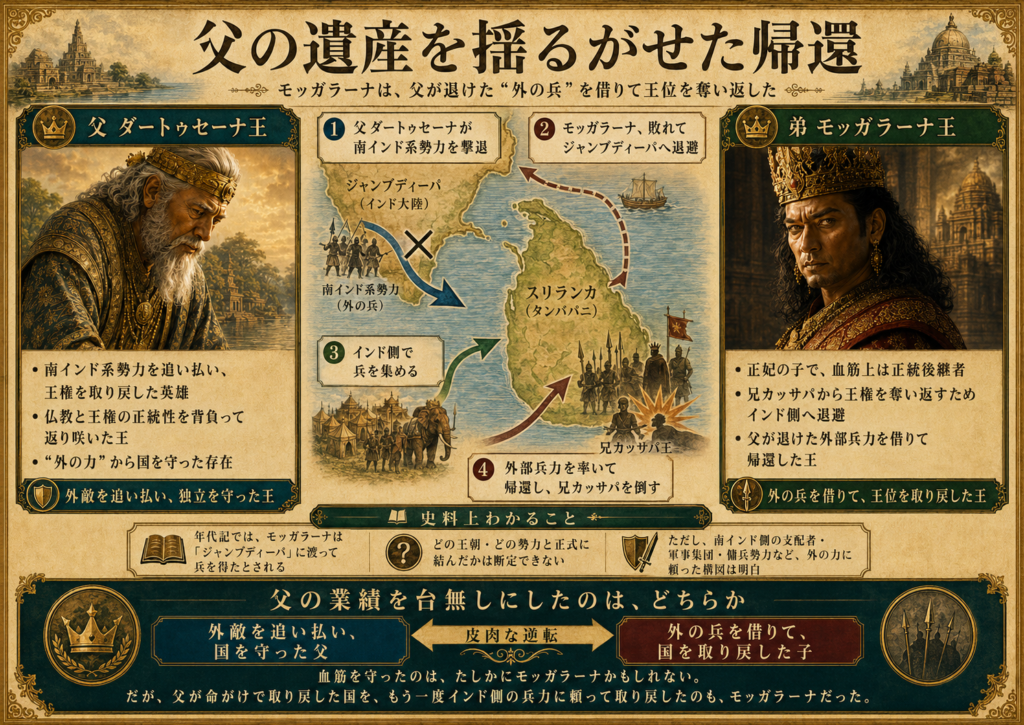 父の意志を継ぐはずのモッガラーナは、兄カッサパから王権を奪い返すために、南インド側の軍事力を借りて戻ってきた。