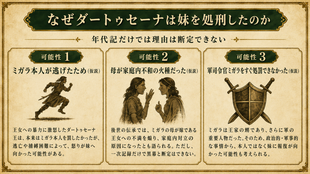 なぜダートゥセナは、軍司令官ミガラの母親(自身の妹)を殺害したのか?